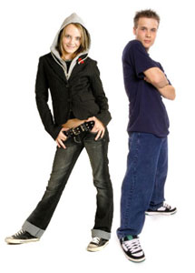 Two people wearing trendy clothes that may not be appropriate for an office setting