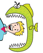cartoon of person sticking his head into a giant fish
