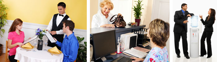 Images of a waiter talking to a table of customers, a bank teller, and two businesspeople talking by the water cooler