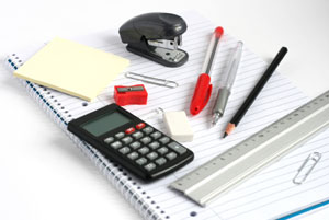 office notebook, calculator, pens